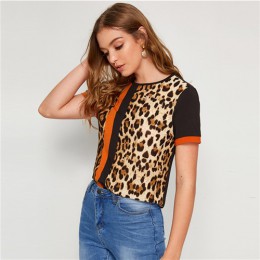 SHEIN color block wytnij i szyć Leopard góry panelu z krótkim rękawem O-Neck Casual T koszula kobiety 2019 lato rozrywka panie T