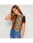 SHEIN color block wytnij i szyć Leopard góry panelu z krótkim rękawem O-Neck Casual T koszula kobiety 2019 lato rozrywka panie T