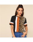SHEIN color block wytnij i szyć Leopard góry panelu z krótkim rękawem O-Neck Casual T koszula kobiety 2019 lato rozrywka panie T