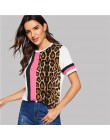 SHEIN color block wytnij i szyć Leopard góry panelu z krótkim rękawem O-Neck Casual T koszula kobiety 2019 lato rozrywka panie T