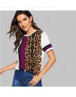 SHEIN color block wytnij i szyć Leopard góry panelu z krótkim rękawem O-Neck Casual T koszula kobiety 2019 lato rozrywka panie T