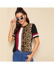 SHEIN color block wytnij i szyć Leopard góry panelu z krótkim rękawem O-Neck Casual T koszula kobiety 2019 lato rozrywka panie T