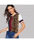 SHEIN color block wytnij i szyć Leopard góry panelu z krótkim rękawem O-Neck Casual T koszula kobiety 2019 lato rozrywka panie T