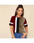 SHEIN color block wytnij i szyć Leopard góry panelu z krótkim rękawem O-Neck Casual T koszula kobiety 2019 lato rozrywka panie T