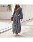 Nadafair Vintage długa sukienka w kwiaty letnia linia wysokiej talii latarnia rękaw wiosna długa elegancka Retro sukienka Boho k