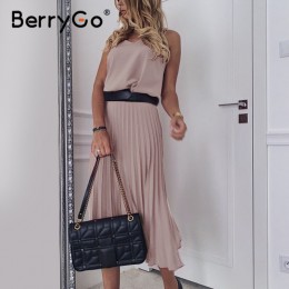 BerryGo seksowny spaghetti pasek letnia sukienka damska linia gorąca różowa kobieca sukienka plisowana midi Casual biurowa, dams