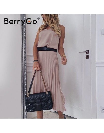 BerryGo seksowny spaghetti pasek letnia sukienka damska linia gorąca różowa kobieca sukienka plisowana midi Casual biurowa, dams