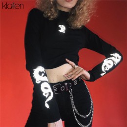 KLALIEN nadruk ze smokiem koszulki odblaskowe z golfem z długim rękawem Slim Harajuku Streetwear 2019 nowy kobiety mody koszulki