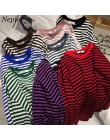 Neploe Stripe t-shirty damskie średniej długości przyczynowy TShirt cienki top z okrągłym dekoltem w koreańskim stylu moda ulicz