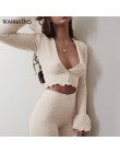 WannaThis bawełniana prążkowana dzianina głęboki dekolt w serek seksowny t-shirt z przodu guzik falbany długi, rozszerzony rękaw