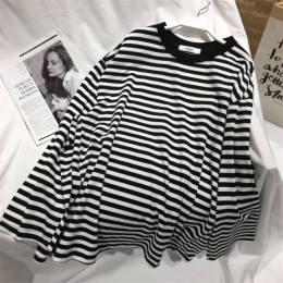 Neploe Stripe t-shirty damskie średniej długości przyczynowy TShirt cienki top z okrągłym dekoltem w koreańskim stylu moda ulicz