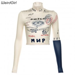Weirdgirl z pełnym rękawem z golfem tshirt kobiety krótkie topy moda jesień nowy drukuj hip-hop swetry skinny casual femme topy