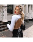LVINMW solidna z koronkowym dekoltem Hollow Out O Neck koszulka z długim rękawem 2019 jesień kobiety Backless elastyczna smukły 