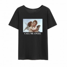 Zadzwoń do mojego anioła letnie damskie z krótkim rękawem Vintage rysunki anioła drukuj duże rozmiary luźne Casual topy O-Neck T