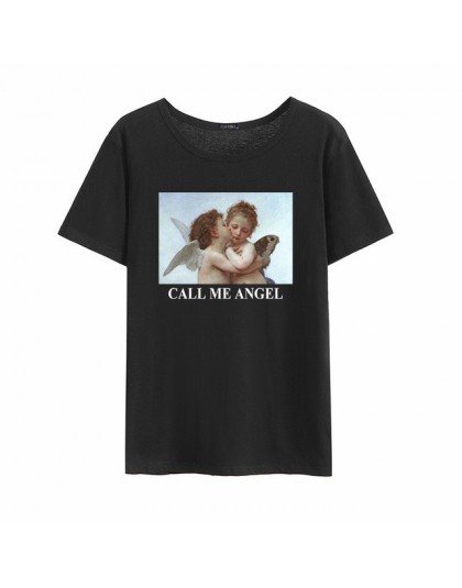 Zadzwoń do mojego anioła letnie damskie z krótkim rękawem Vintage rysunki anioła drukuj duże rozmiary luźne Casual topy O-Neck T
