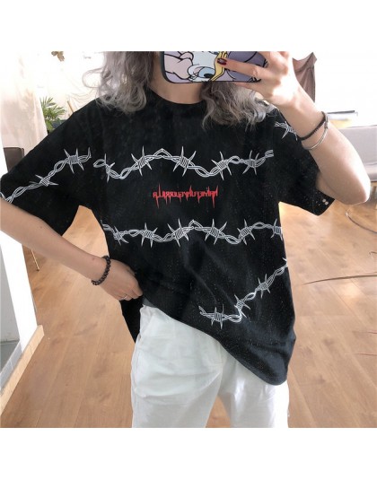 Harajuku t-shirty damskie ciernie wzór Streetwear T koszula luźna krótka rękaw Unisex Tees odzież dla par Grunge topy tumblr