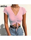 Aproms Sexy V z wycięciem pod szyją podkoszulki damskie sznurkiem związywane z przodu Camis cukierkowe kolory Streetwear Slim Fi