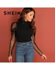 SHEIN Going Out Highstreet czarna siatka Gigot rękaw na szyję dopasowana góra 2018 jesień Casual kobiety nowoczesna dama Tshirt 