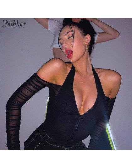 NIBBER fashion sexy V-neck mesh patchworkowy t-shirt kobiety bez ramiączek z długim rękawem krótki top 2019 klub nocna impreza k