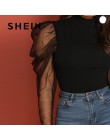 SHEIN Going Out Highstreet czarna siatka Gigot rękaw na szyję dopasowana góra 2018 jesień Casual kobiety nowoczesna dama Tshirt 