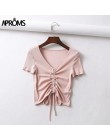 Aproms Sexy V z wycięciem pod szyją podkoszulki damskie sznurkiem związywane z przodu Camis cukierkowe kolory Streetwear Slim Fi