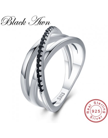Klasyczne 3.9g 925 Sterling Silver Fine Jewelry bagietka wiersz zaręczyny czarny spinel obrączki dla kobiet Bijoux Femme G006