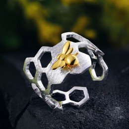 Lotus zabawy prawdziwe 925 Sterling Silver 18K złota pszczoła pierścienie naturalne projektant biżuterii domu straży Honeycomb o