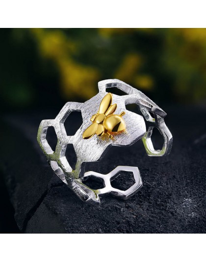 Lotus zabawy prawdziwe 925 Sterling Silver 18K złota pszczoła pierścienie naturalne projektant biżuterii domu straży Honeycomb o