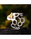 Lotus zabawy prawdziwe 925 Sterling Silver 18K złota pszczoła pierścienie naturalne projektant biżuterii domu straży Honeycomb o