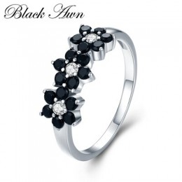 Śliczne 2.1g 925 srebro Fine Jewelry Flower Bague czarny spinel obrączki dla kobiet dziewczyna Party prezent C464