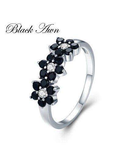 Śliczne 2.1g 925 srebro Fine Jewelry Flower Bague czarny spinel obrączki dla kobiet dziewczyna Party prezent C464