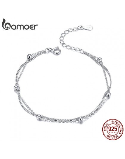 BAMOER 925 srebrny łańcuszek bransoletka kobiety kule podwójna warstwa Link Chain bransoletki kobiet srebro biżuteria 2019 SCB13