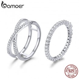 BAMOER 2 sztuk autentyczne 925 Sterling Silver olśniewający CZ geometryczne pierścienie dla kobiet biżuteria zaręczynowa ślubna 