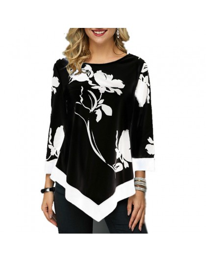 Nieregularny kwiat wydruku z długim rękawem Tshirt kobiet O-Neck modne ciuchy trójnik żeński koszule Casual S-5XL