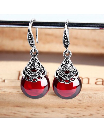 JIASHUNTAI Retro 100% 925 Sterling Silver okrągły granat spadek kolczyki dla kobiet naturalny czerwony kamień szlachetny Ruby Fi