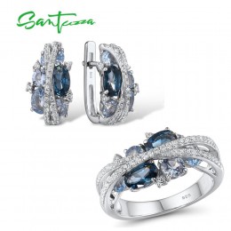 SANTUZZA oryginalna 925 srebrna komplet biżuterii damskiej musujące niebieskie kolczyki Spinel zestaw pierścieni delikatne luksu
