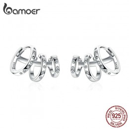 BAMOER Ear Cuff oryginalna 925 Sterling Silver Punk Tirple koło Hoop kolczyki dla kobiet klipsy do uszu Chic biżuteria BSE085