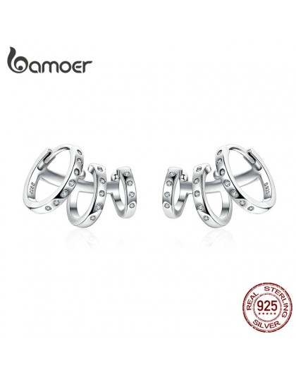 BAMOER Ear Cuff oryginalna 925 Sterling Silver Punk Tirple koło Hoop kolczyki dla kobiet klipsy do uszu Chic biżuteria BSE085
