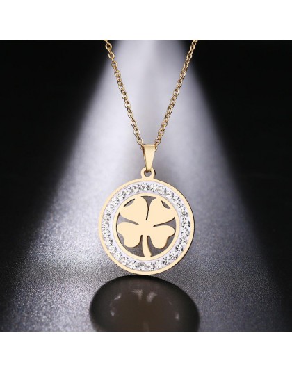 Cacana ze stali nierdzewnej kryształowe okrągłe wisiorki naszyjnik kobiety Choker biżuteria koniczyna Trendy naszyjniki łańcuch 