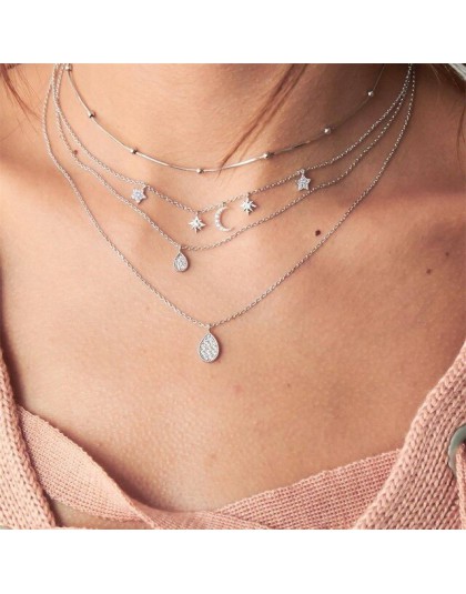 Bohema modne Choker kryształowy księżyc gwiazdy spadek wisiorek wielowarstwowy naszyjnik kobiety wesele 2019 prosta biżuteria