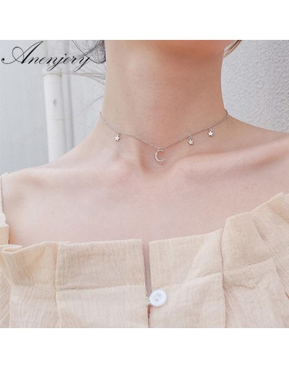Anenjery 925 Sterling Silver naszyjnik Micro cyrkon księżyc wisiorek w kształcie gwiazdy krótki naszyjnik na obojczyk dla kobiet