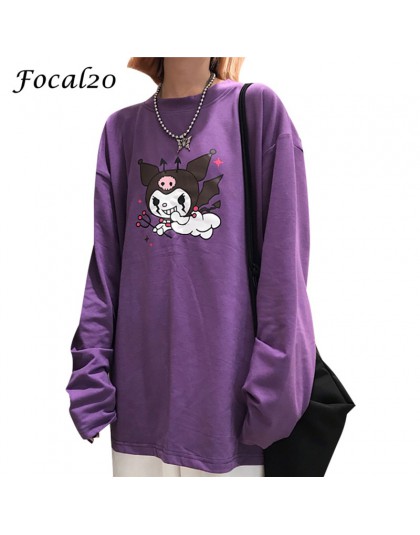 Focal20 Streetwear nadruk z diabłem fioletowy damski T-shirt z długim rękawem O-Neck T Shirt przyczynowy luźna na wiosnę jesień 