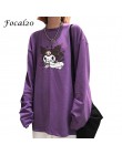 Focal20 Streetwear nadruk z diabłem fioletowy damski T-shirt z długim rękawem O-Neck T Shirt przyczynowy luźna na wiosnę jesień 