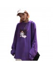 Focal20 Streetwear nadruk z diabłem fioletowy damski T-shirt z długim rękawem O-Neck T Shirt przyczynowy luźna na wiosnę jesień 