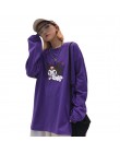 Focal20 Streetwear nadruk z diabłem fioletowy damski T-shirt z długim rękawem O-Neck T Shirt przyczynowy luźna na wiosnę jesień 