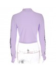 Sweetown Harajuku Crop Top z długim rękawem t-shirt z golfem fioletowy koreański styl mody graficzne koszulki kobiety drukowane 
