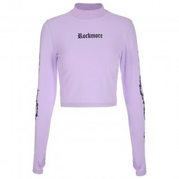 Sweetown Harajuku Crop Top z długim rękawem t-shirt z golfem fioletowy koreański styl mody graficzne koszulki kobiety drukowane 