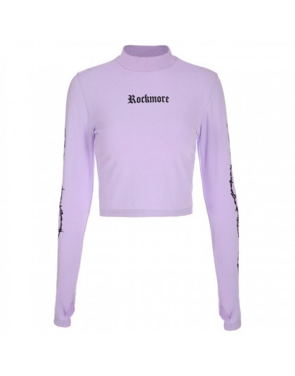 Sweetown Harajuku Crop Top z długim rękawem t-shirt z golfem fioletowy koreański styl mody graficzne koszulki kobiety drukowane 
