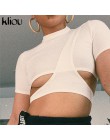 Kliou 2018 nowy Sexy solidna czarny biały O-Neck z krótkim rękawem T-Shirt koszulki topy kobiety pasek drążą krótkie koszulki w 