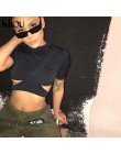 Kliou 2018 nowy Sexy solidna czarny biały O-Neck z krótkim rękawem T-Shirt koszulki topy kobiety pasek drążą krótkie koszulki w 